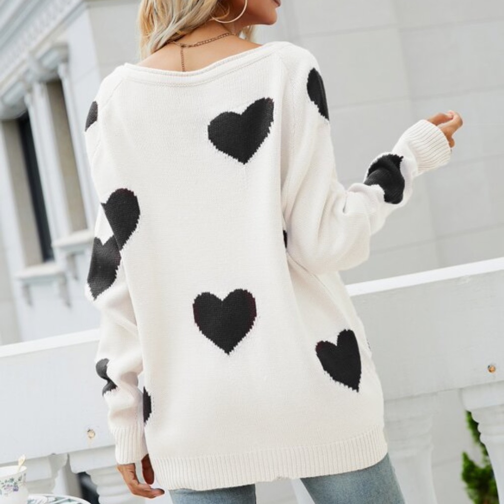 Boho Black Hearts Knit Oversized Sweater Top - Picture 9 of 10